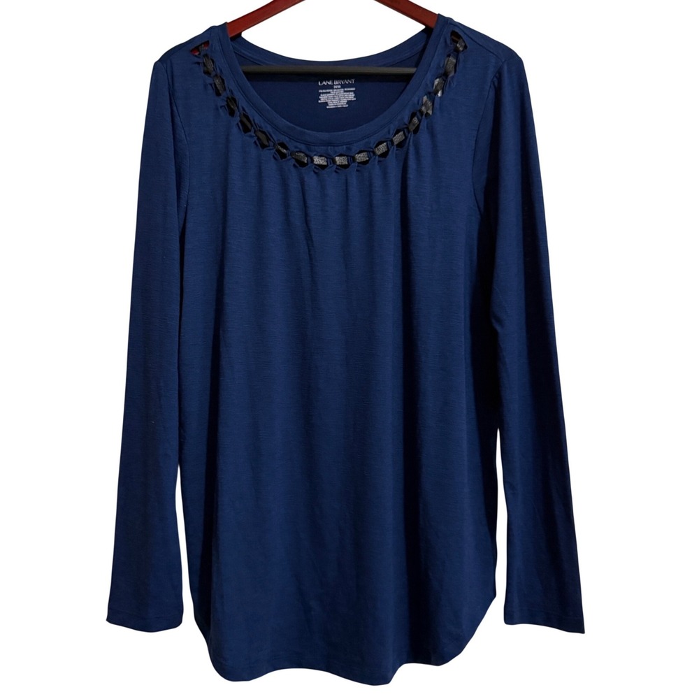 Lane Bryant Navy Blue Faux Leather Lattice Neckline Long Sleeve Top 14/16‎ NWT